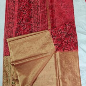 Red Pure Kota Doria Saree with Gold Zari Pallu & Plain Running Blouse for Wedding and Festive Wear.