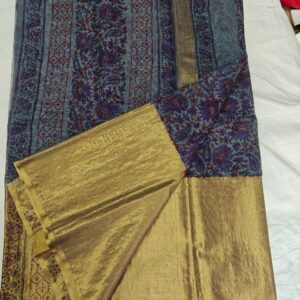 Slate Blue Pure Kota Doria Saree with Gold Zari Pallu & Plain Running Blouse for Festive and Wedding Wear.