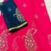 Hot Pink Paisley Hand Embroidered Kota Doria Saree with Contrast Navy Blue Running Blouse