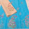 Sky Blue Paisley Hand Embroidered Kota Doria Saree with Contrast Beige Running Blouse