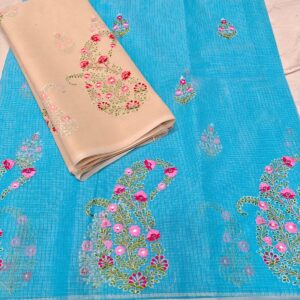 Sky Blue Paisley Hand Embroidered Kota Doria Saree with Contrast Beige Running Blouse