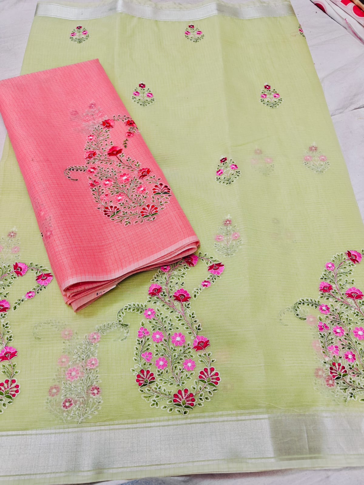 Pistachio Green Paisley Hand Embroidered Kota Doria Saree with Contrast Peach Running Blouse