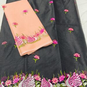 Peach & Black Swan Motif Kota Doria Saree with Hand Embroidery & Running Blouse