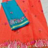 Coral Swan Hand Embroidered Kota Doria Saree with Contrast Teal Running Blouse