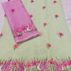 Pista Green Swan Hand Embroidered Kota Doria Saree with Contrast Lavender Running Blouse