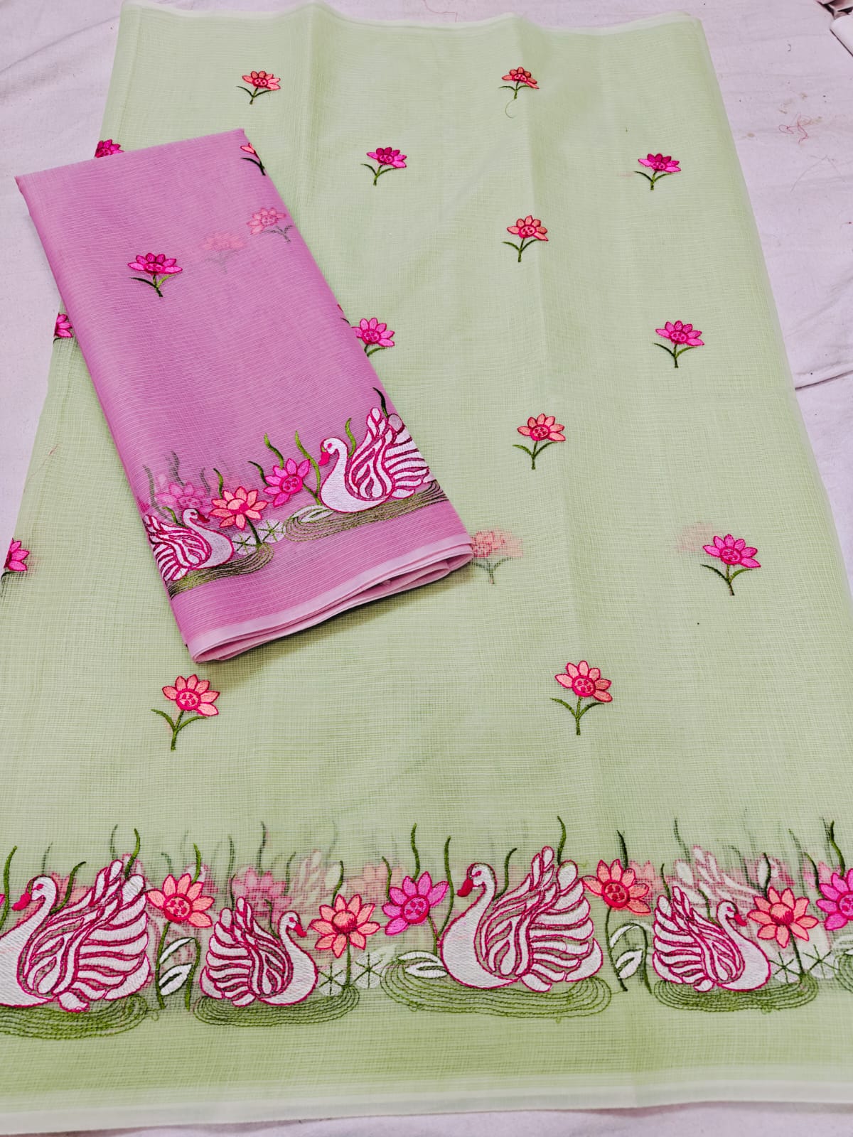 Pista Green Swan Hand Embroidered Kota Doria Saree with Contrast Lavender Running Blouse