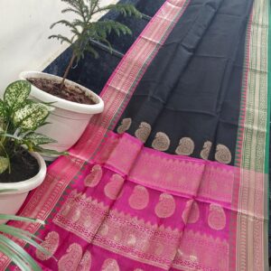 Black & Magenta Handwoven Kota Doria Saree with Dual Green–Pink Border & Running Blouse
