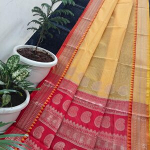 Mustard Yellow & Red Handwoven Kota Doria Saree with Double Shade Border & Running Blouse