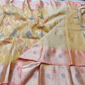 Golden Sand Crushed Kota Tissue Saree with Hand Zari Weave & Blush Pink Border