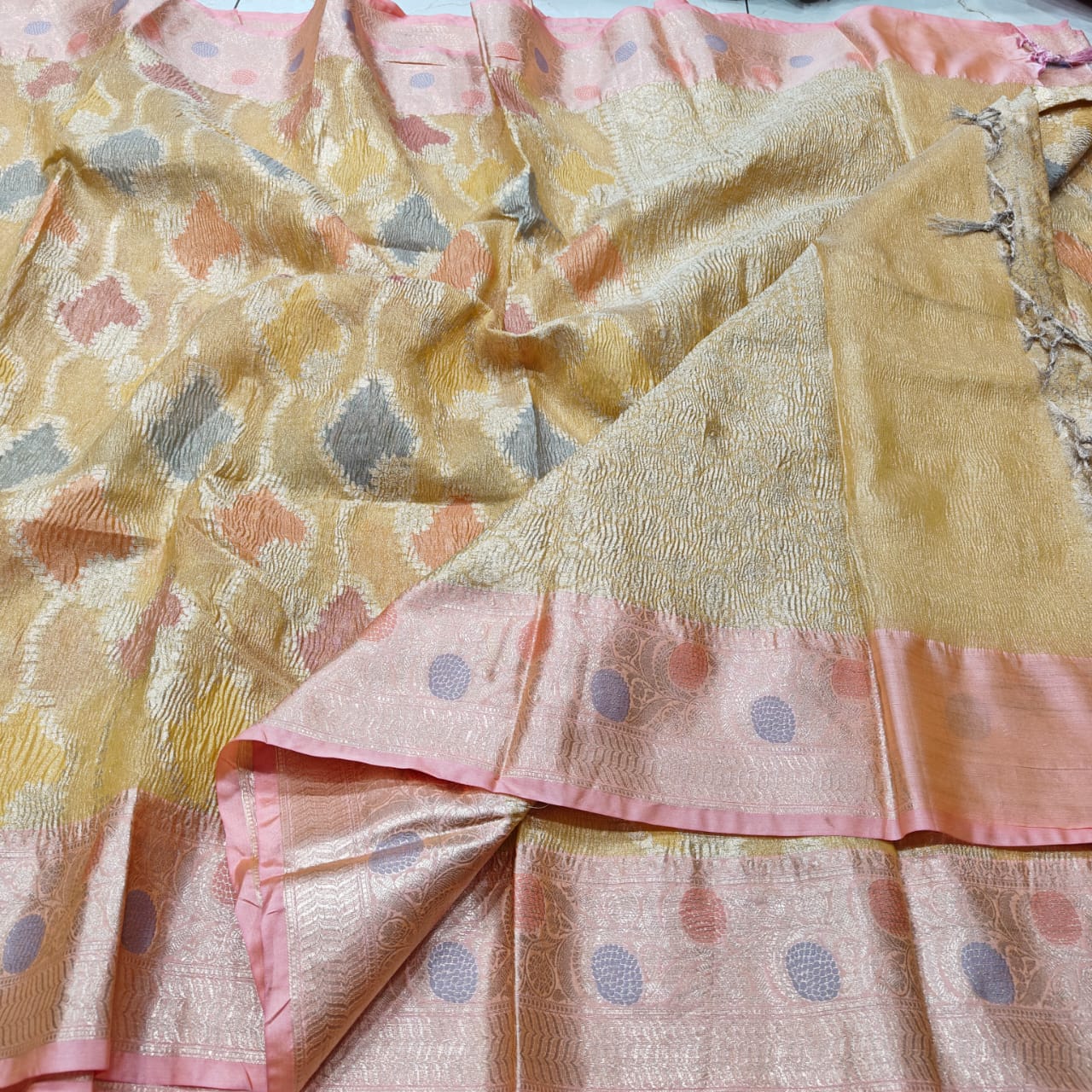 Golden Sand Crushed Kota Tissue Saree with Hand Zari Weave & Blush Pink Border
