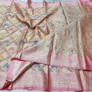 Blush Peach Crushed Kota Tissue Saree with Pastel Hand Zari Weave & Soft Pink Border