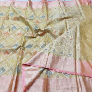 Sunlit Pastel Crushed Kota Tissue Saree with Handwoven Zari & Blush Pink Border