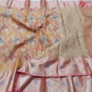 Peach Glow Crushed Kota Tissue Saree with Multicolour Hand Zari & Soft Pink Border