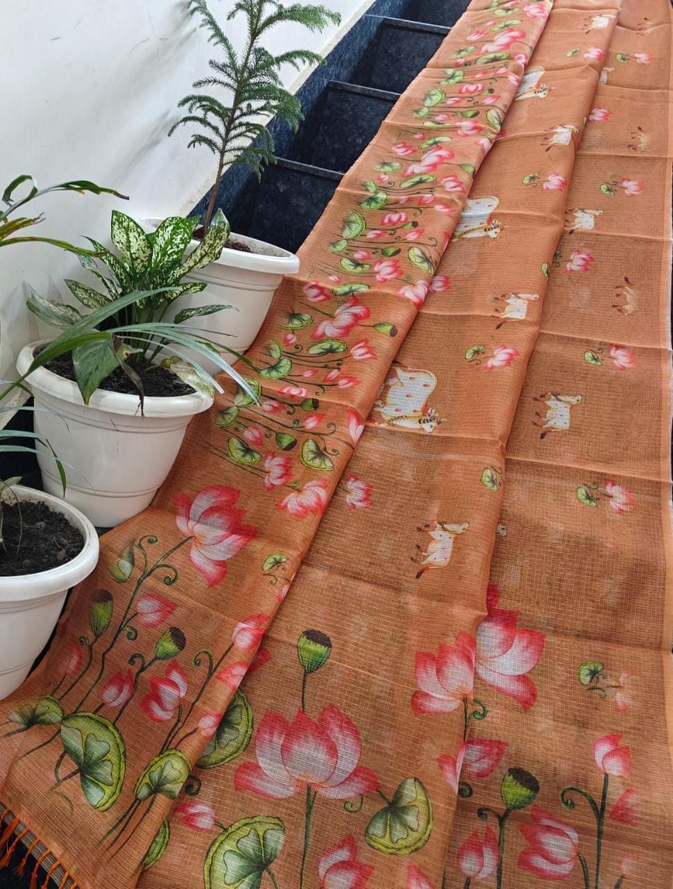 Rust Bloom Hand-Printed Kota Doria Saree with Artistic Motifs & Running Blouse