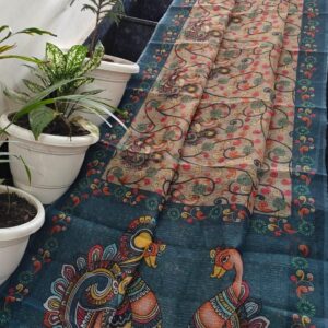 Beige & Teal Hand-Printed Kota Doria Saree with Peacock Motifs and Artistic Border