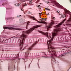 Handwoven Vibrant Magenta Pink Katha Silk Saree with Tussar Katha Border & Blouse Piece