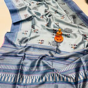 Handwoven Sky Blue Katha Silk Saree with Tussar Katha Border & Blouse Piece