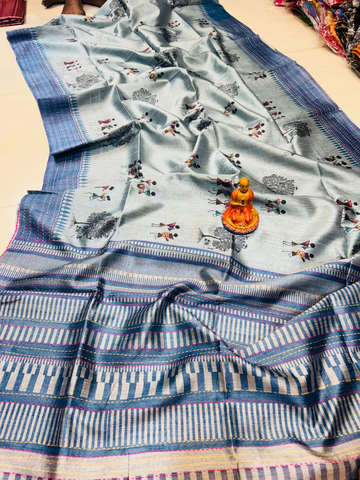 Handwoven Sky Blue Katha Silk Saree with Tussar Katha Border & Blouse Piece