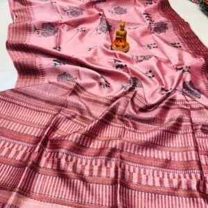 Handwoven Soft Pink Katha Silk Saree with Tussar Katha Border & Blouse Piece