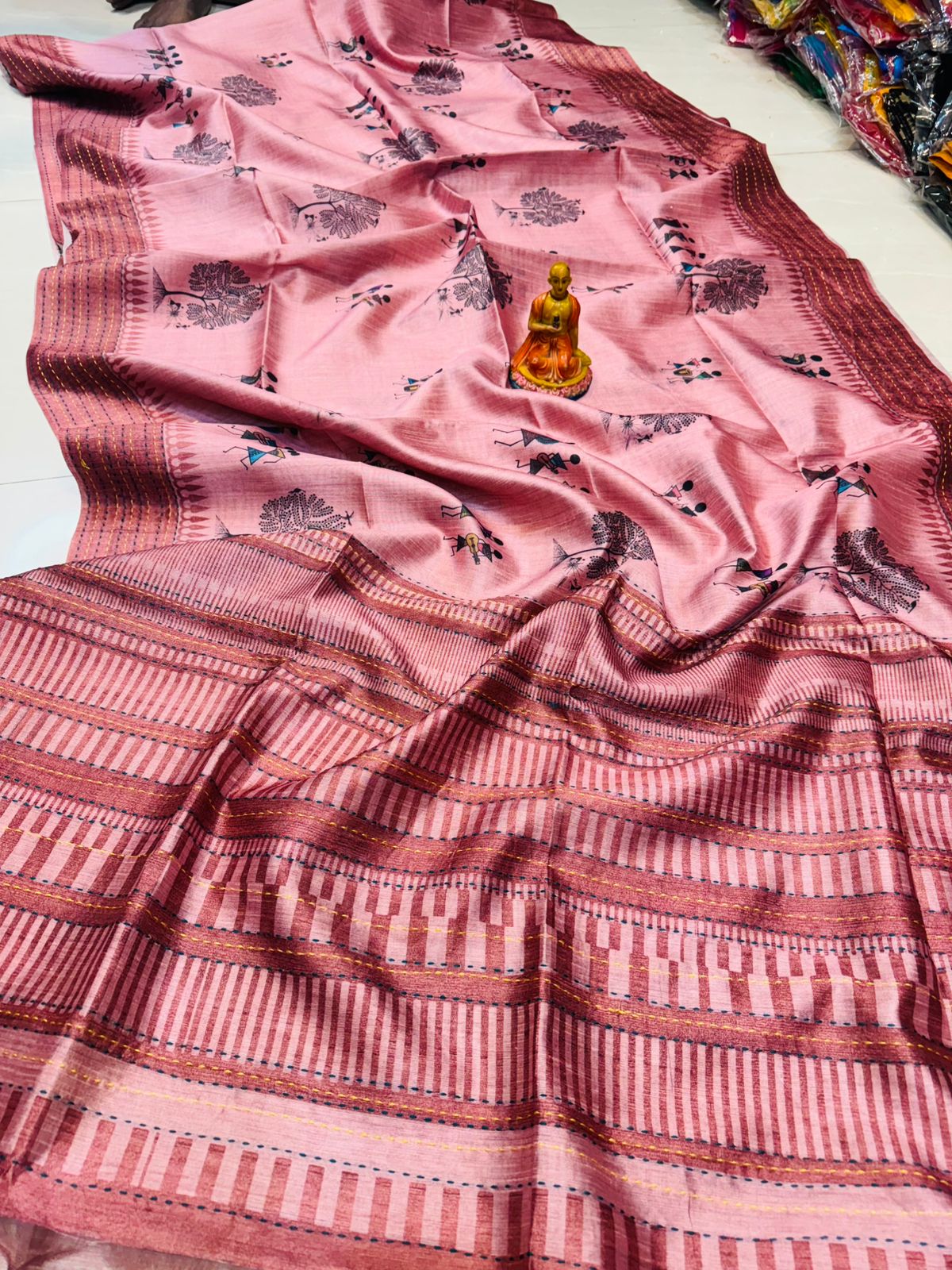 Handwoven Soft Pink Katha Silk Saree with Tussar Katha Border & Blouse Piece