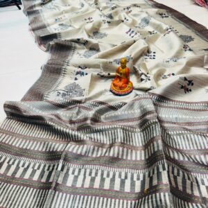 Handwoven Cream Off-White Katha Silk Saree with Tussar Katha Border & Blouse Piece