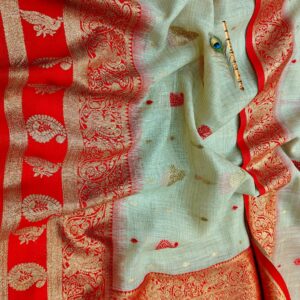 Pastel Mint Handwoven Mahabalipuram Silk Saree with Rich Red Zari Contrast Border