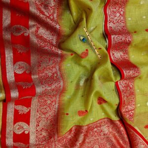Olive Pastel Handwoven Mahabalipuram Silk Saree with Rich Red Gold Zari Contrast Border