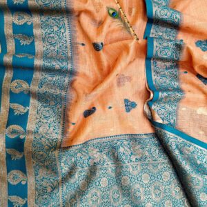Soft Peach Handwoven Mahabalipuram Silk Saree with Teal Blue Gold Zari Contrast Border