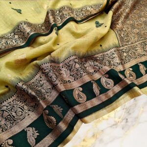 Lime Yellow Handwoven Mahabalipuram Silk Saree with Bottle Green Antique Gold Zari Border