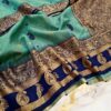 Aqua Teal Handwoven Mahabalipuram Silk Saree with Navy Blue Antique Gold Zari Border
