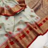 Ice Grey Handwoven Mahabalipuram Silk Saree with Rich Red Antique Gold Zari Border