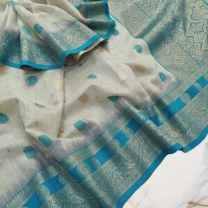 Ivory Grey Handwoven Mahabalipuram Silk Saree with Aqua Blue Antique Gold Zari Border