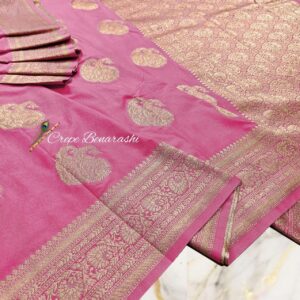 Blush Rose Crepe Banarasi Handloom Saree with Antique Gold Zari
