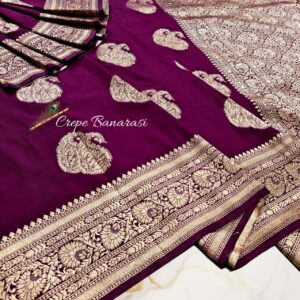 Regal Plum Crepe Banarasi Handwoven Saree with Antique Gold Zari