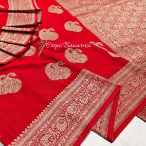 Royal Crimson Crepe Banarasi Handloom Saree with Gold Zari Motifs