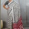Pure Handcrafted Ajrakh Modal Silk Saree in White with Red Pallu