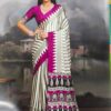 Pure Handcrafted Ajrakh Modal Silk Saree in Ivory with Magenta Pallu