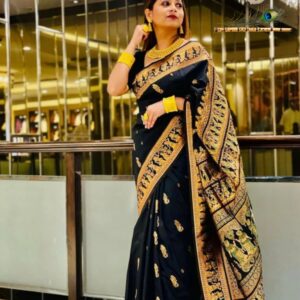 Royal Black Bishnupuri Baluchari Silk Saree with Hand Mina Work & Rich Storytelling Pallu | With Blouse Piece