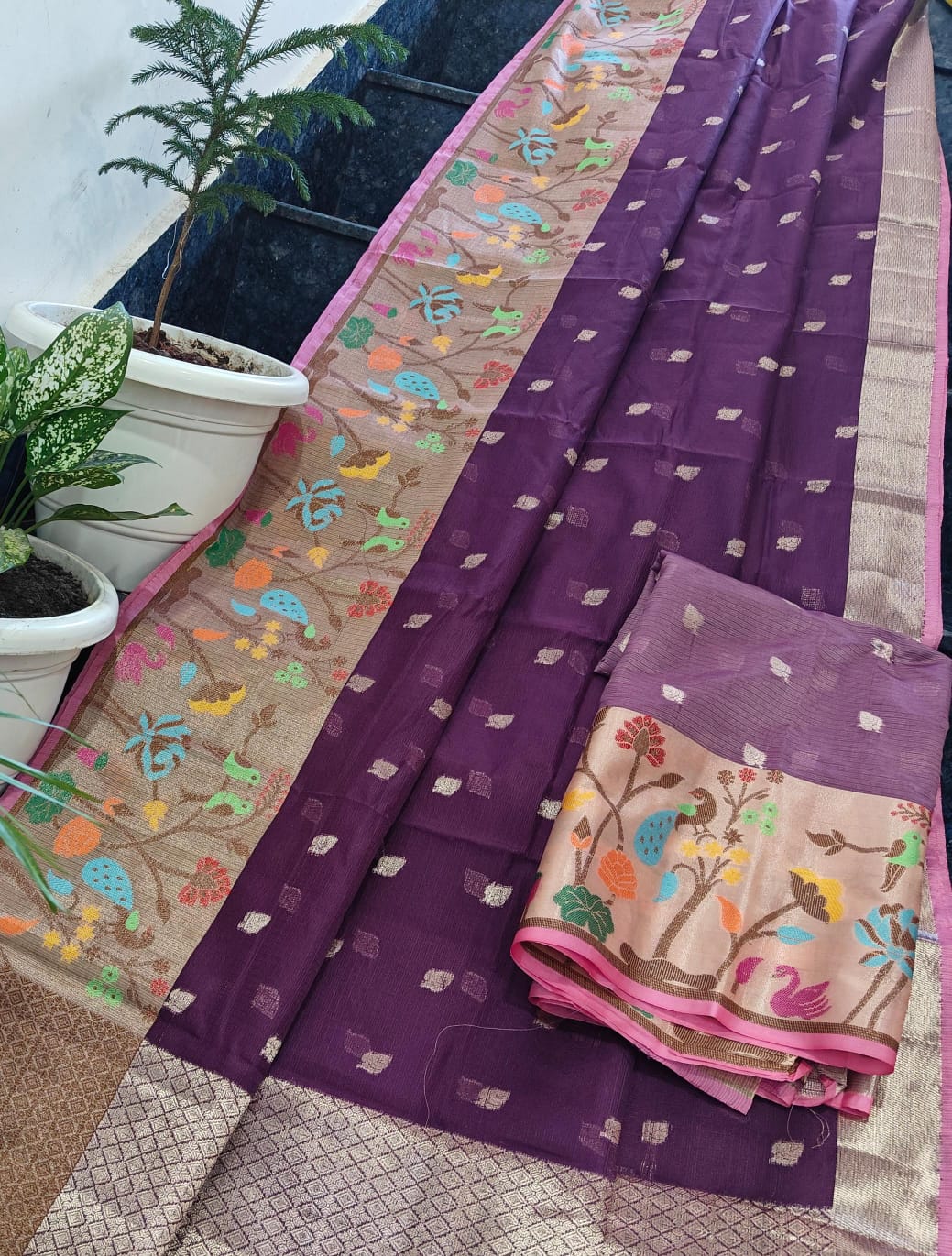 Royal Wine Kota Doria Soft Silk Saree with Multicolor Bird & Floral Woven Border + Contrast Blouse