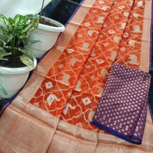 Rust Orange Kota Doria Soft Silk Saree with Elephant Motif Weave & Gold Zari Border + Purple Contrast Blouse