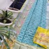 Sky Blue Kota Doria Soft Silk Saree with Wave Weave & Multicolor Swan Border + Yellow Contrast Blouse
