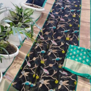 Black Kota Doria Soft Silk Saree with Bird & Vine Handwoven Jaal Border + Mint Green Contrast Blouse