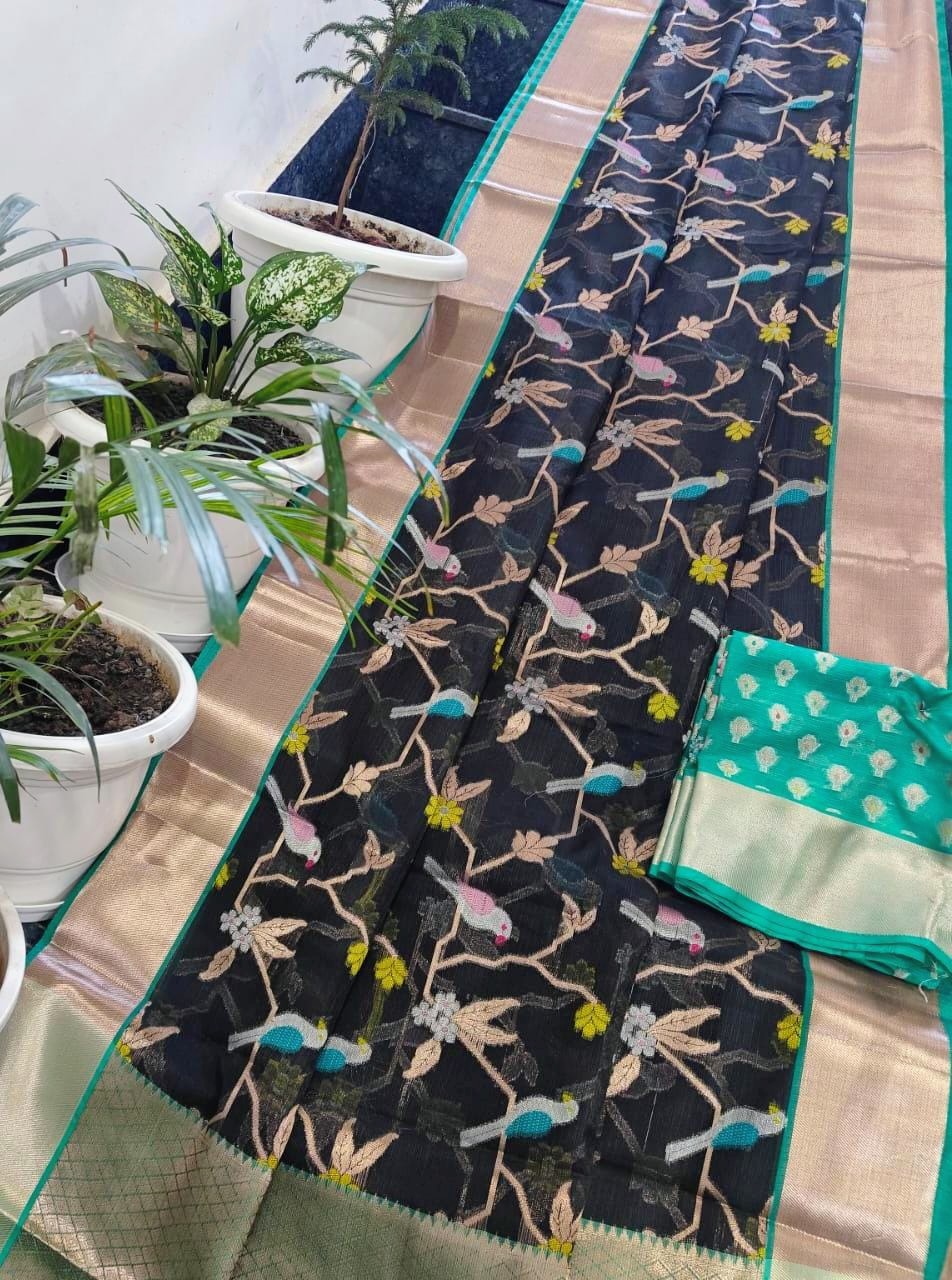 Black Kota Doria Soft Silk Saree with Bird & Vine Handwoven Jaal Border + Mint Green Contrast Blouse