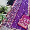 Royal Purple Kota Doria Soft Silk Saree with Silver Butti Weave & Multicolor Elephant Border + Magenta Contrast Blouse
