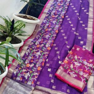 Royal Purple Kota Doria Soft Silk Saree with Silver Butti Weave & Multicolor Elephant Border + Magenta Contrast Blouse