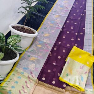 Deep Wine Kota Doria Soft Silk Saree with Polka Butti Weave & Multicolor Artistic Border + Yellow Contrast Blouse