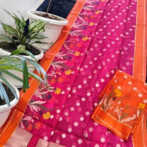 Rani Pink Kota Doria Soft Silk Saree with Butti Weave & Floral Border + Orange Contrast Blouse