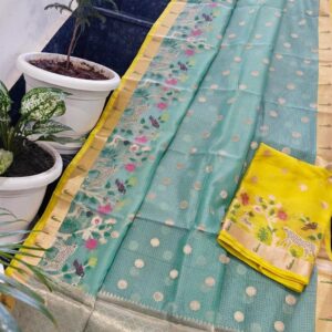 Sea Green Kota Doria Soft Silk Saree with Gold Butti Weave & Forest Animal Border + Yellow Contrast Blouse