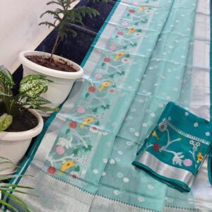 Mint Aqua Kota Doria Soft Silk Saree with Silver Butti Weave & Bird Floral Border + Teal Contrast Blouse