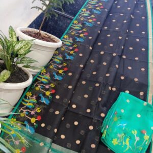 Midnight Black Kota Doria Soft Silk Saree with Gold Butti Weave & Multicolor Bird Border + Teal Contrast Blouse